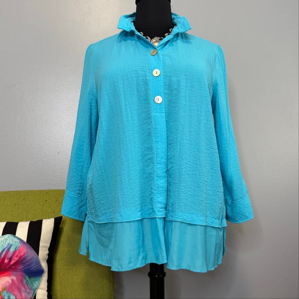 John Mark Blue Button Down Flowy Tunic Top XL